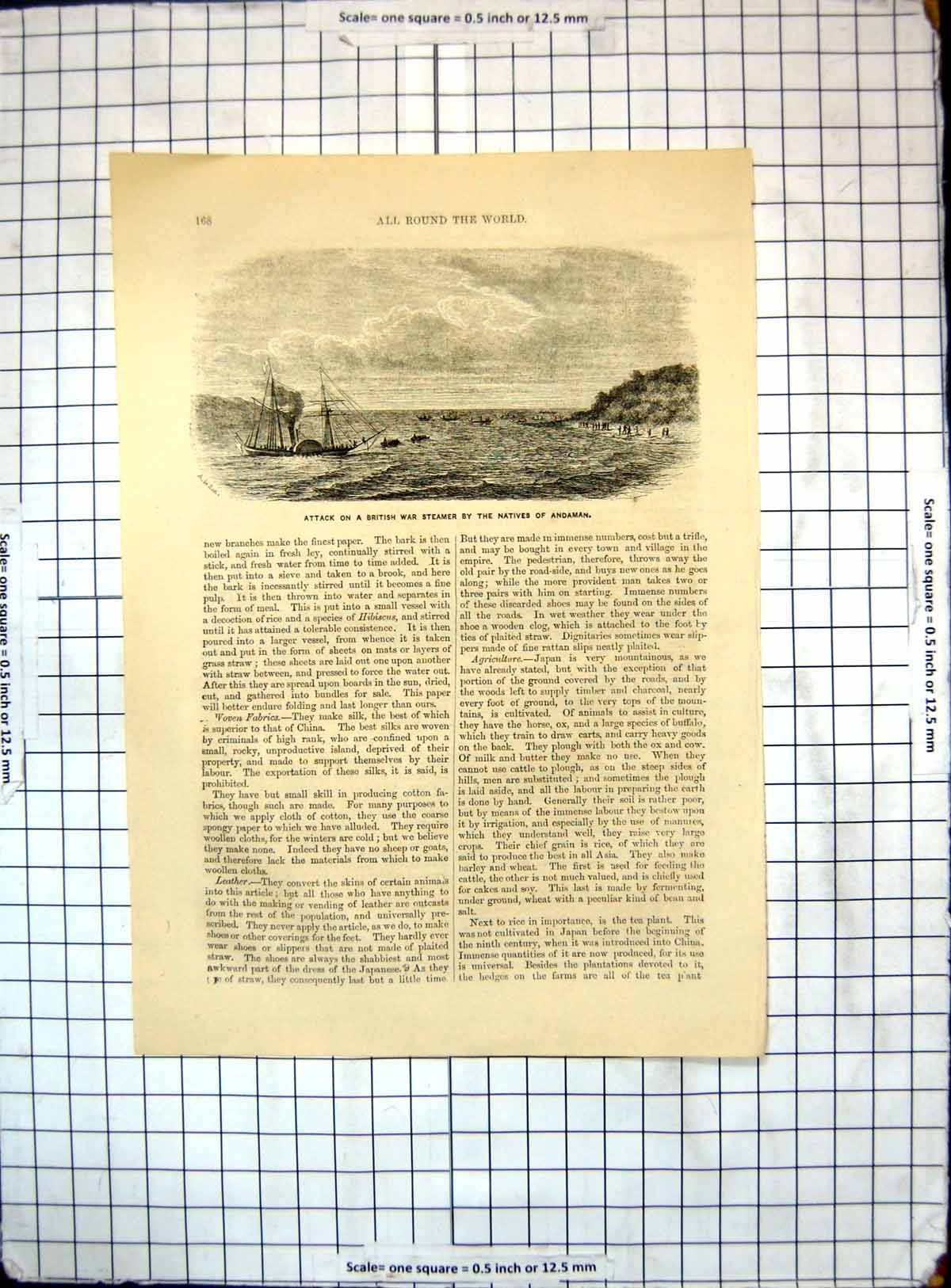 Antique Old Print All Round World Attack British War Steamer Natives Andaman