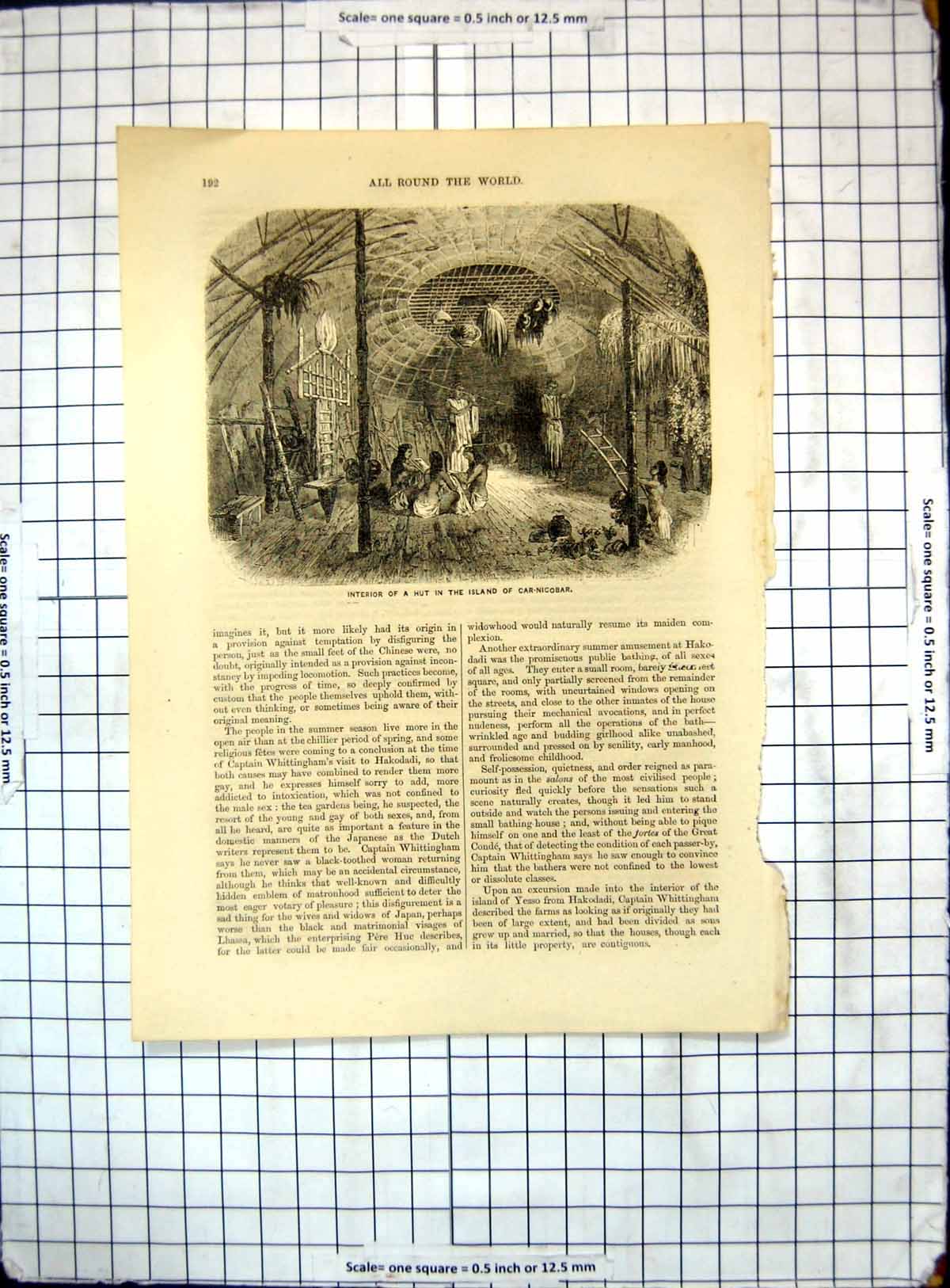 Original Old Antique Print All Round World Interior Hut Island Car Nicobar