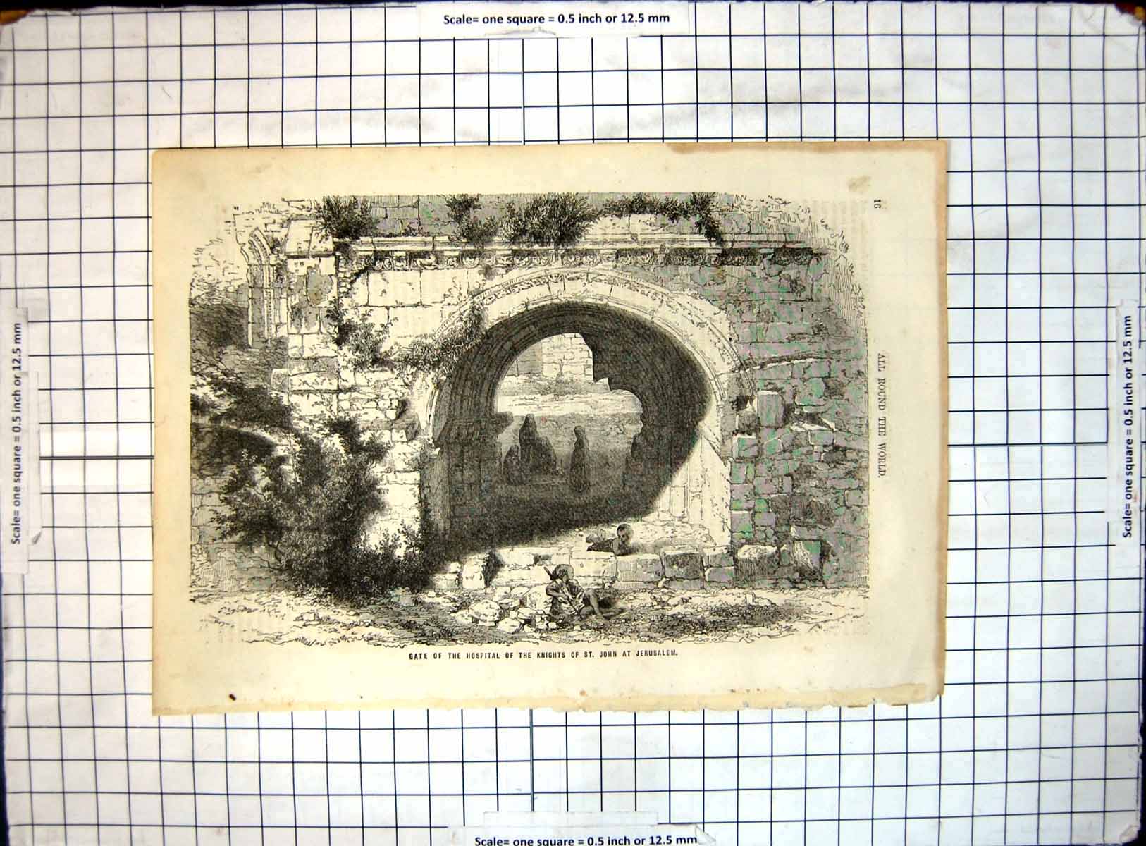 Old Antique Print All Round World Gate Hospital Knights St John Jerusalem