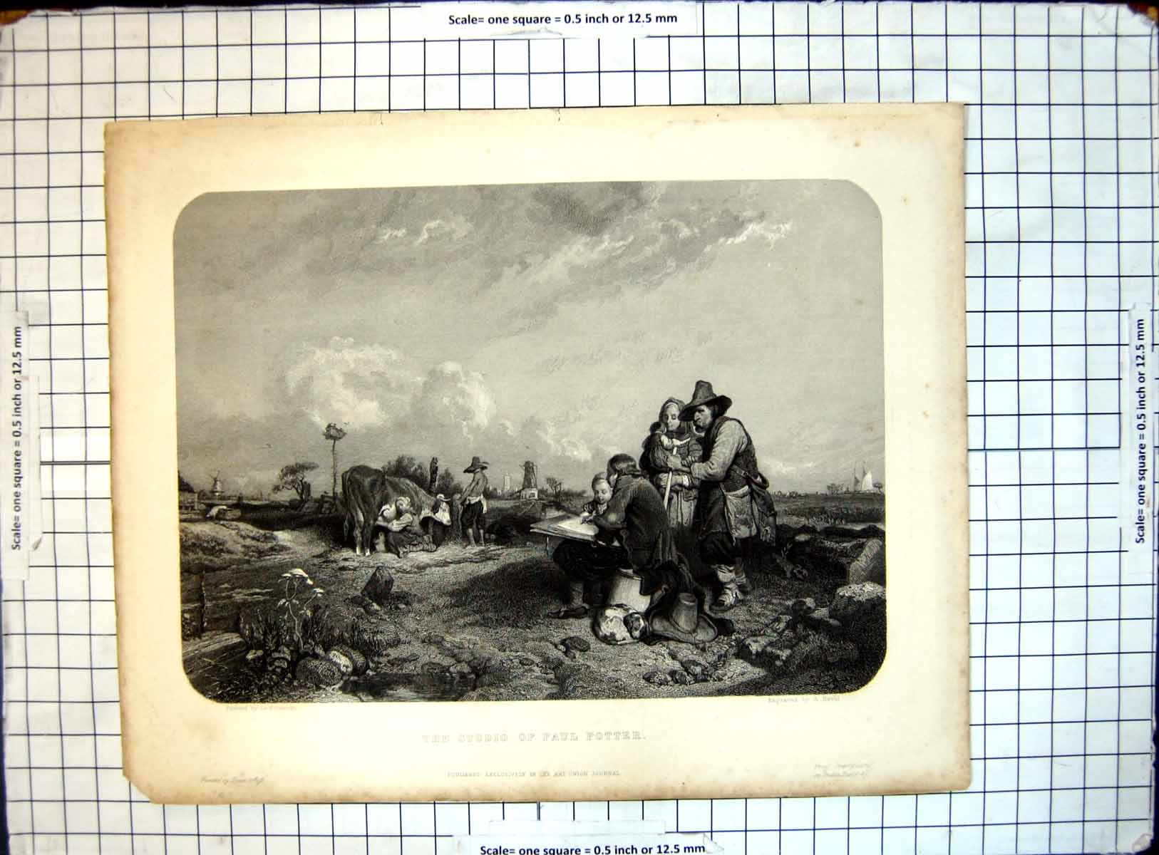 Antique Print Studio Paul Potter Le Poittevin A Revel Milking Cow Windmill
