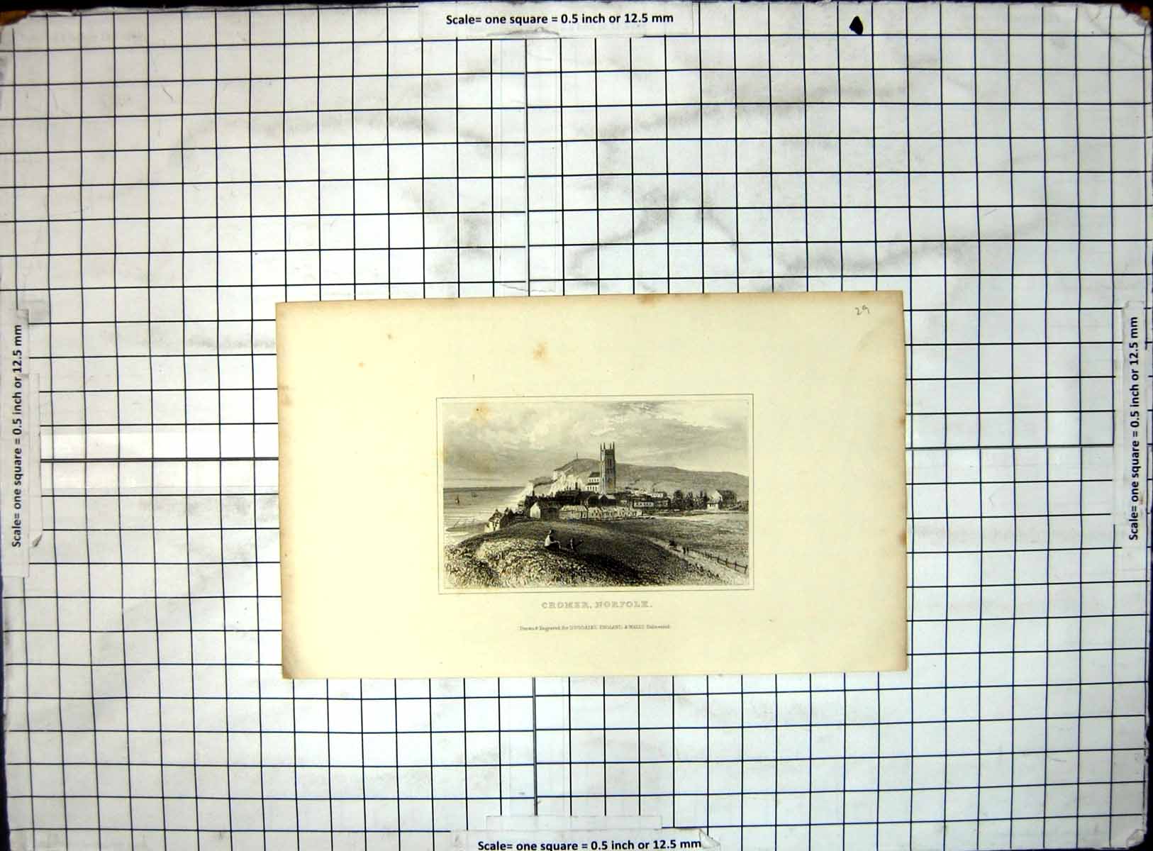 Original Old Antique Print Cromer Norfolk Town Seaside Cliffs Church Houses