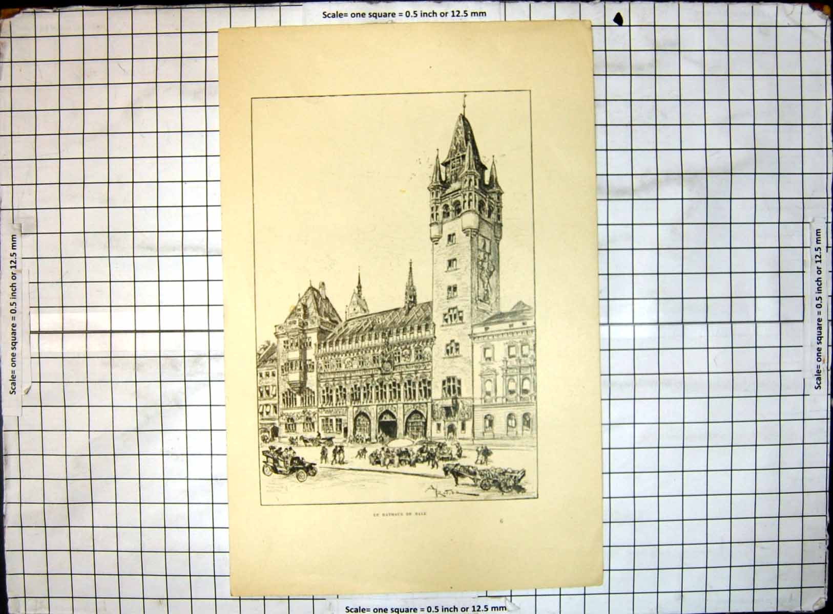 Original Old Antique Print Le Rathaus De Bale Exterior View