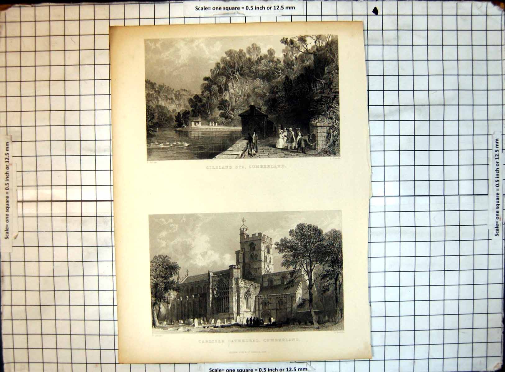 Old Antique Print Gilsland Spa Cumberland Carlisle Cathedral Cumberland
