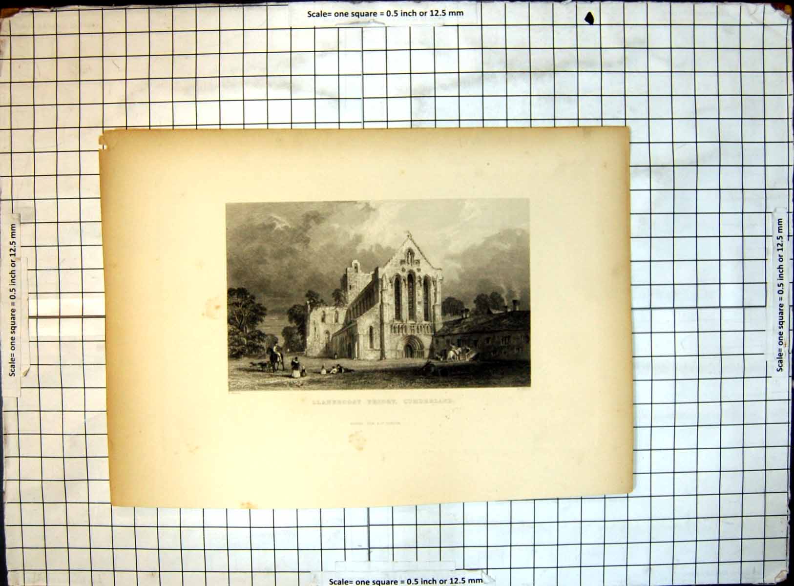 Original Old Antique Print Llanercost Priory Cumberland Exterior View
