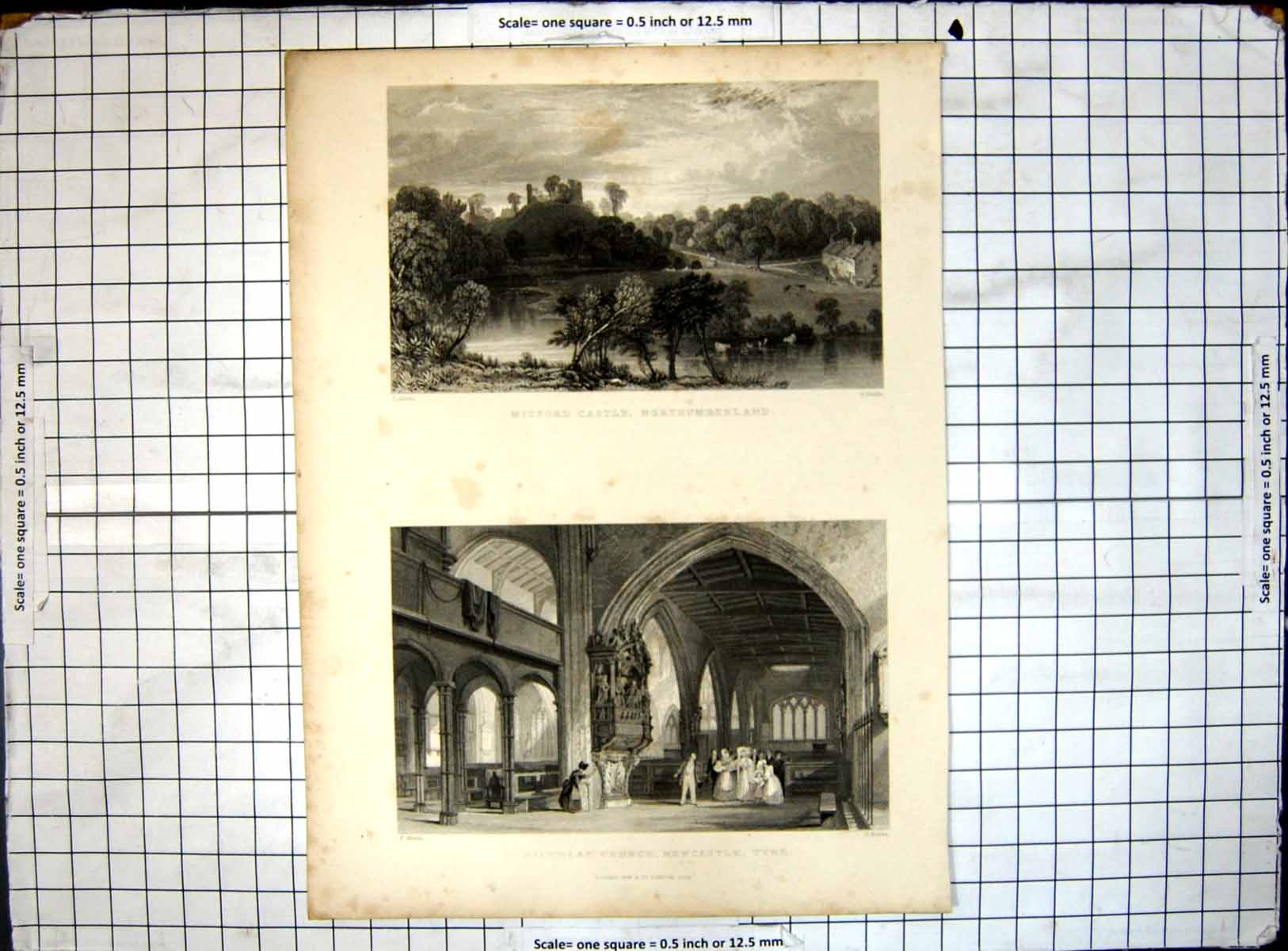 Old Print Mitford Castle Northumberland St Nicholas Church Newcastle Tyne