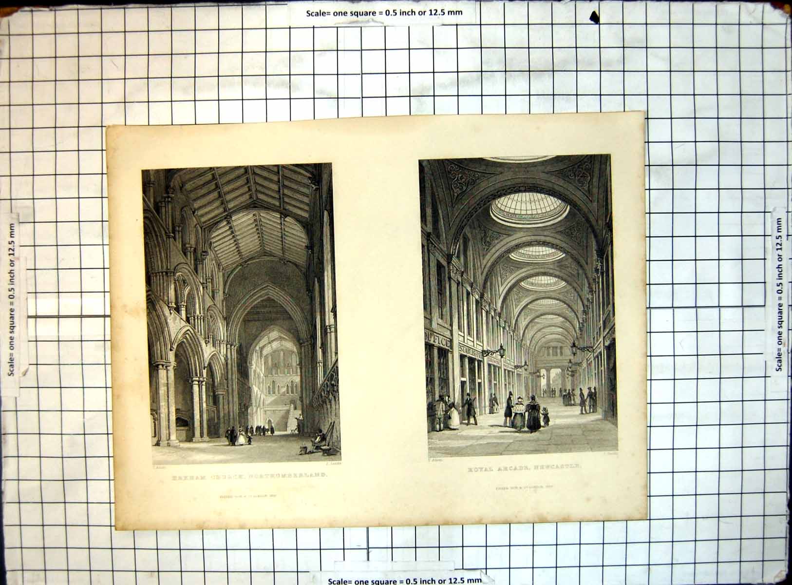 Original Old Antique Print Hexham Church Northumberland Royal Arcade Newcastle