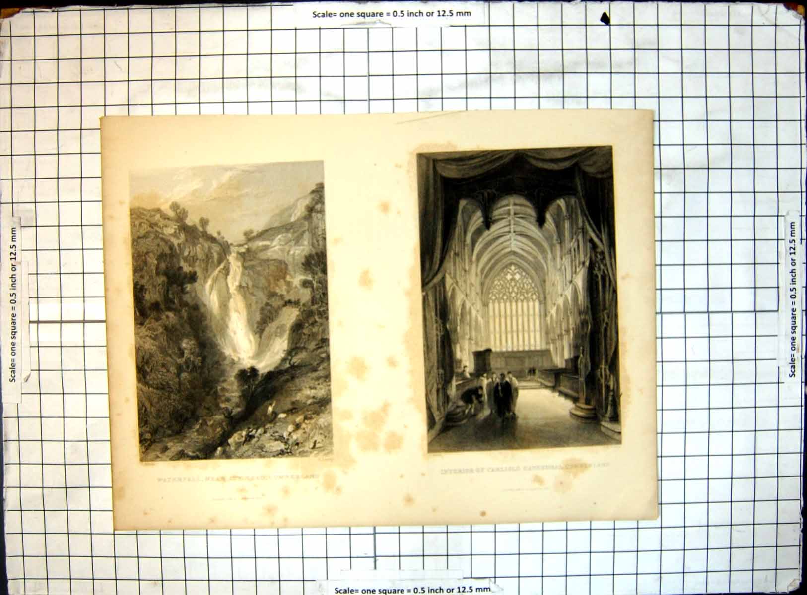 Old Print Waterfall Near Sty Head Cumberland Interior Carlisle Cathedral