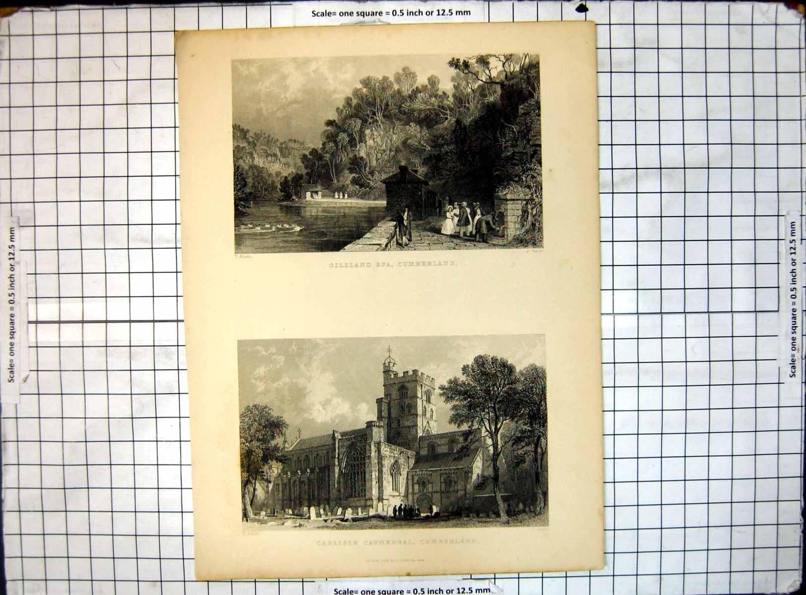Old Print Carlisle Cathedral Exterior Churchyard Gilsland Spa Cumberland