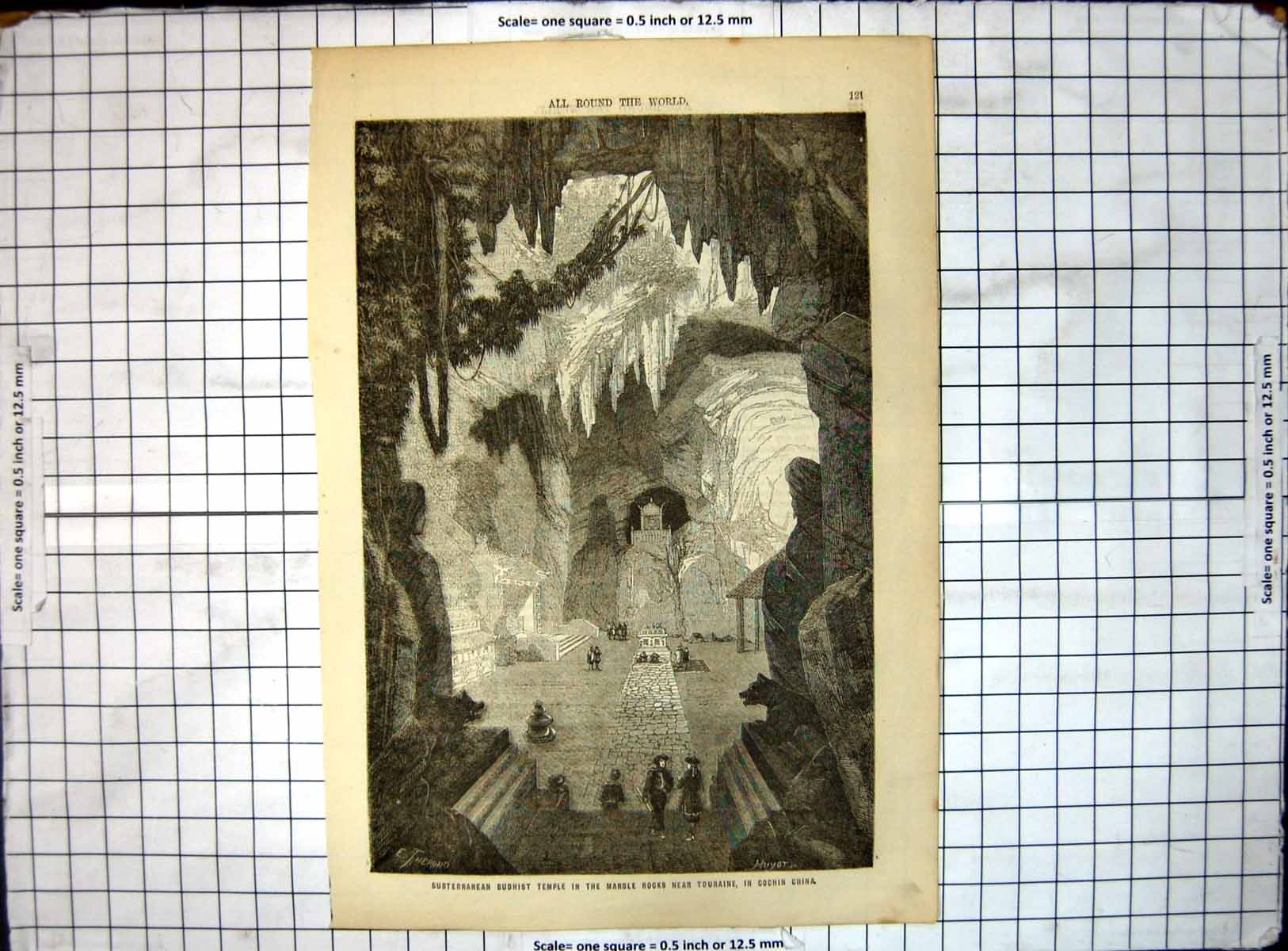 Old Print Subterranean Budhist Temple Marble Rocks Touraine Cochin China