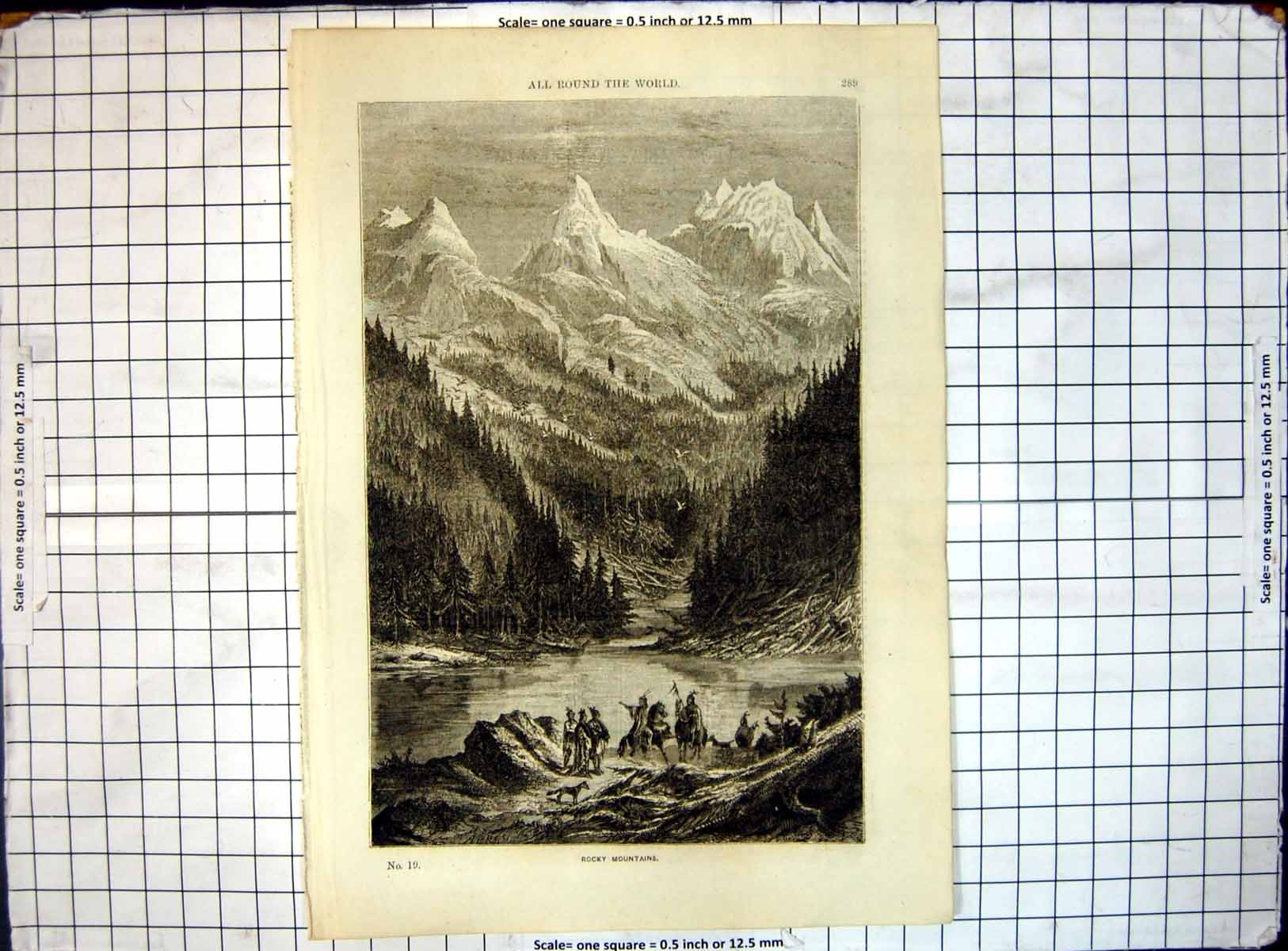 Original Old Antique Print All Round World Rocky Mountains Forest Lake