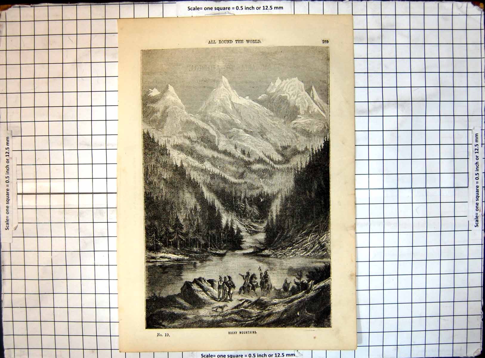Original Old Antique Print All Round World Scene Rocky Mountains Natives Lake