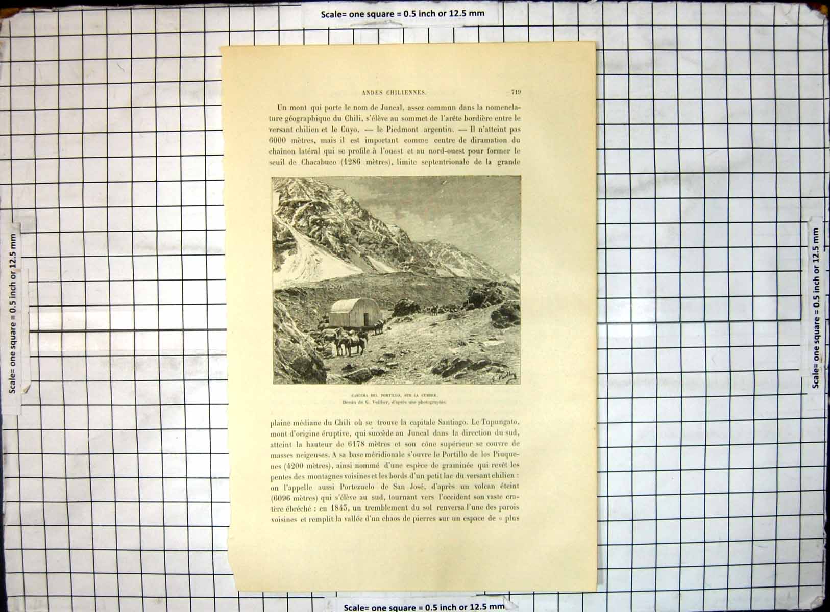 Original Old Antique Print Casucha Del Portillo Sur La Cumbre Andes Chiliennes