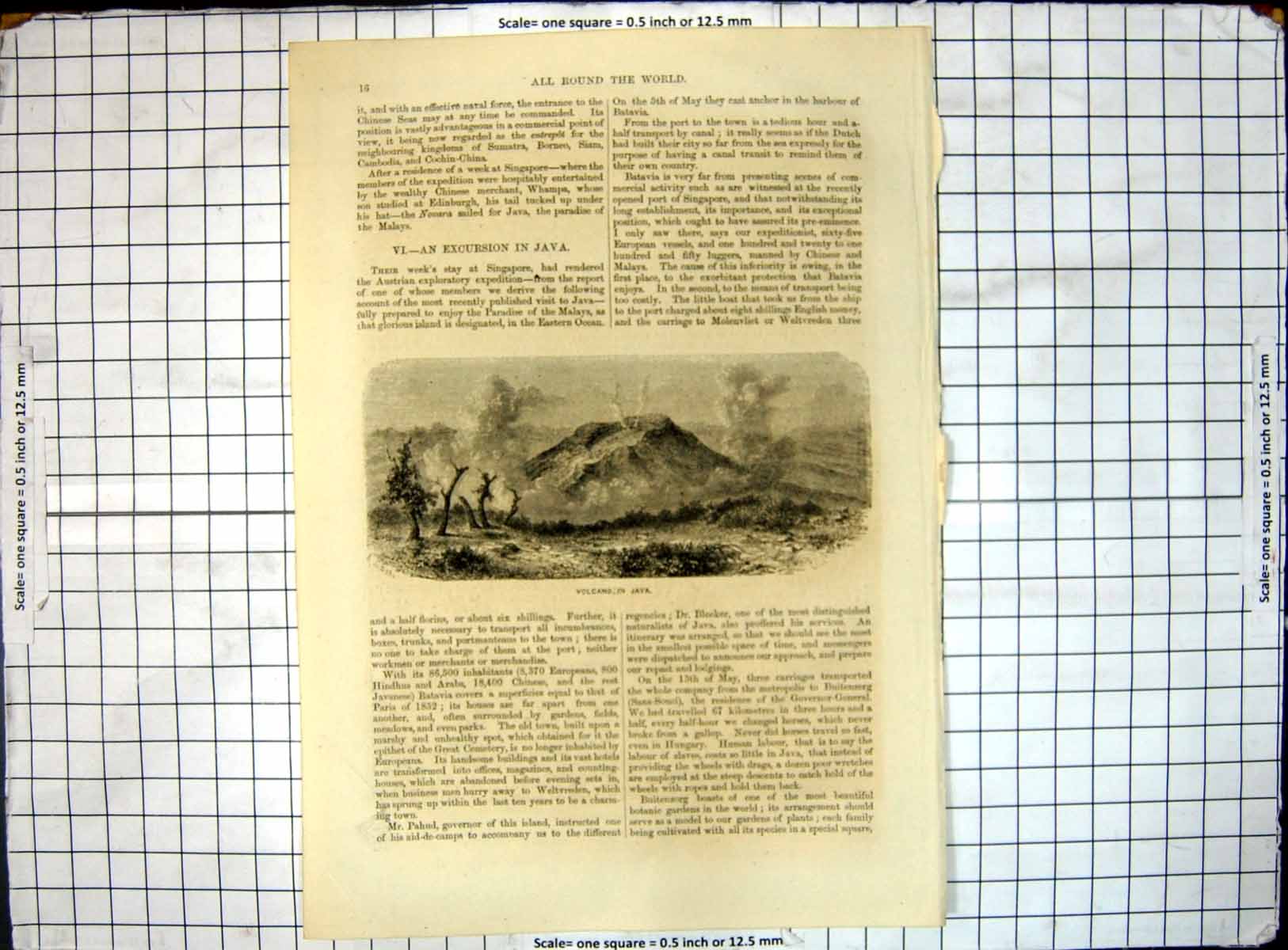 Original Old Antique Print All Round World Volcano Java Erupting