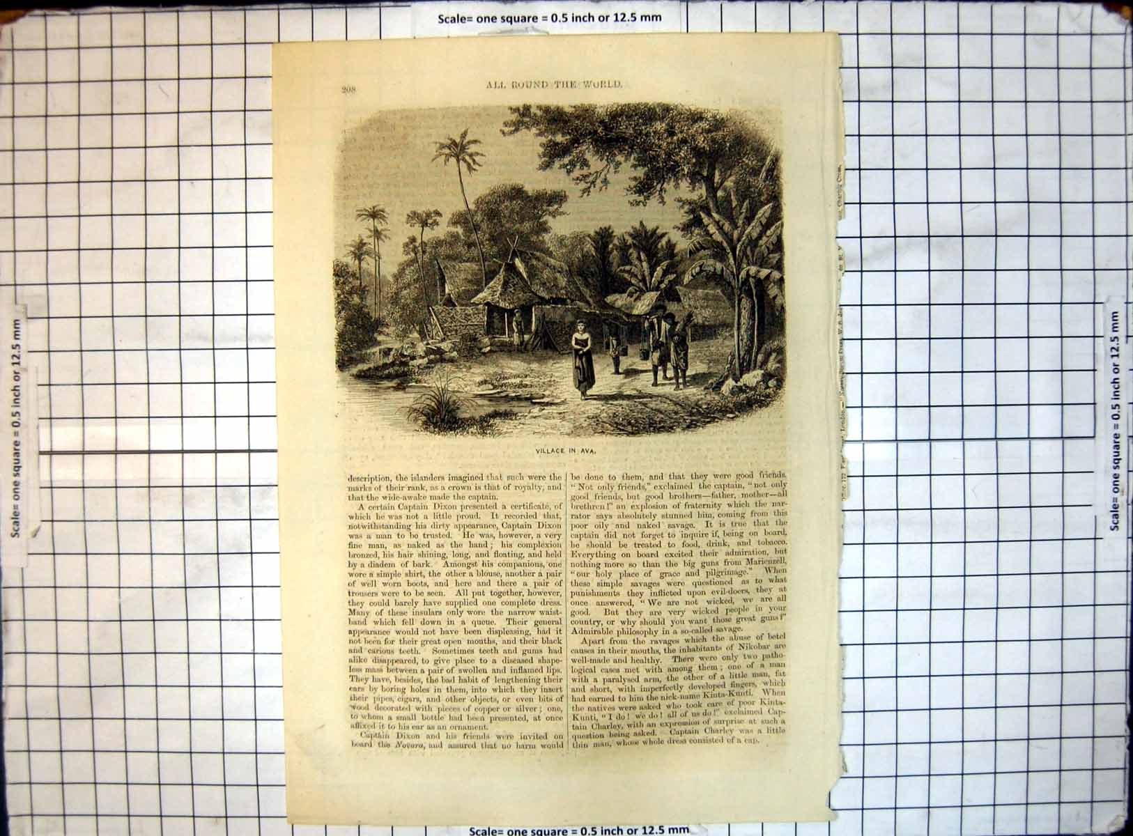 Original Old Antique Print All Round World Village Java 18th Century