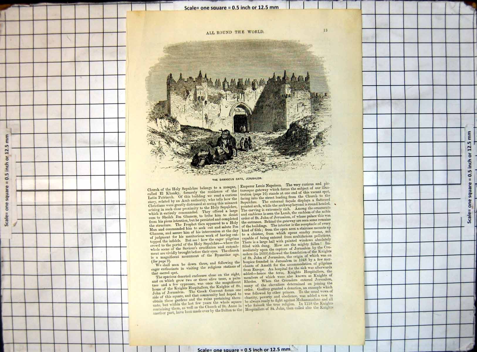 Original Old Antique Print All Round World Damascus Gate Jerusalem 19th Century