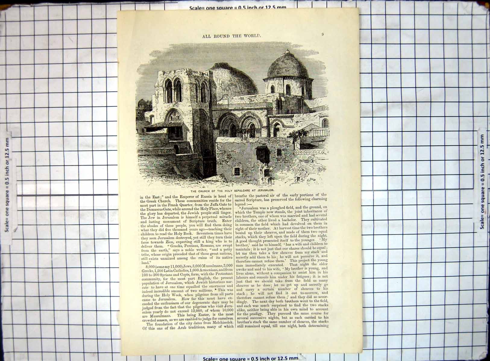 Original Old Antique Print All Round World Church Holy Sepulchre Jerusalem 19th