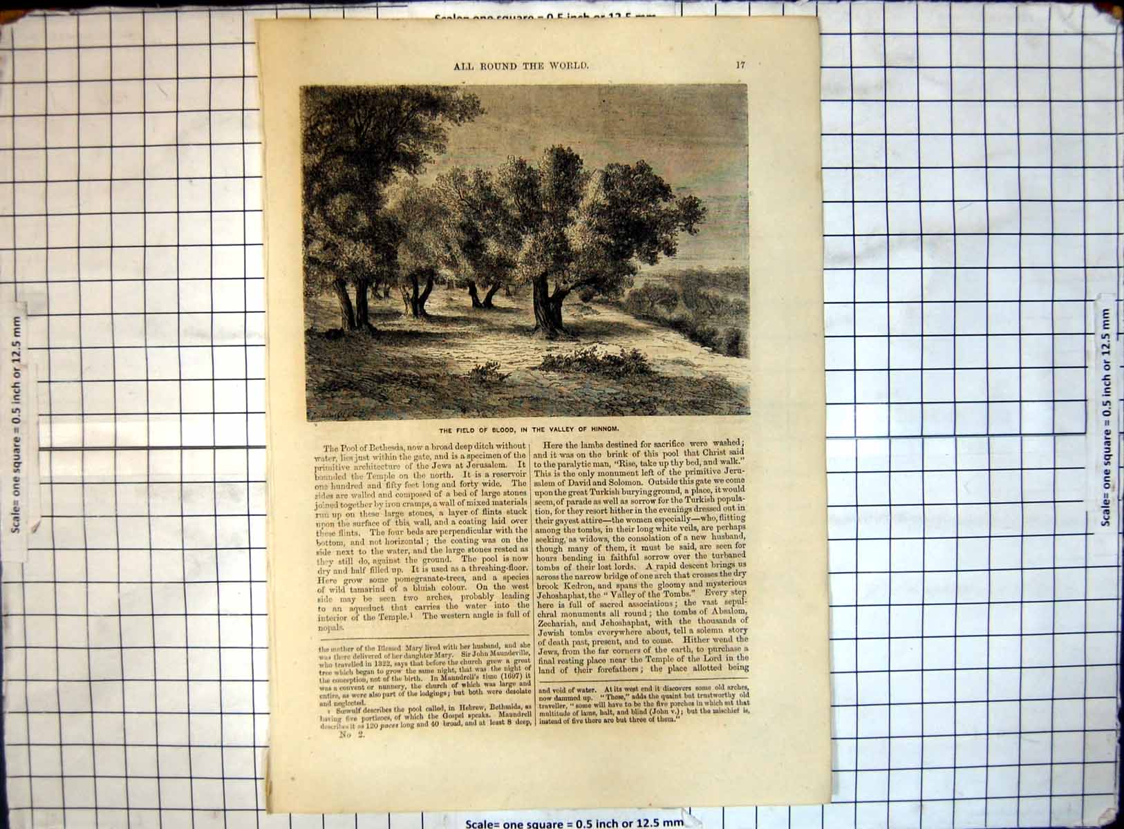 Original Old Antique Print All Round World Field Blood Valley Hinnom 19th