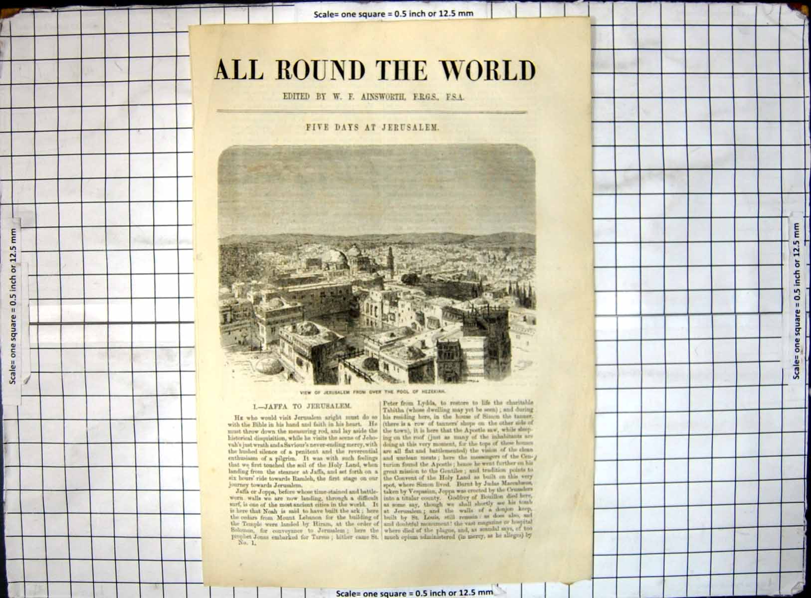 Original Old Antique Print All Round World View Jerusalem Over Pool Hezekiah