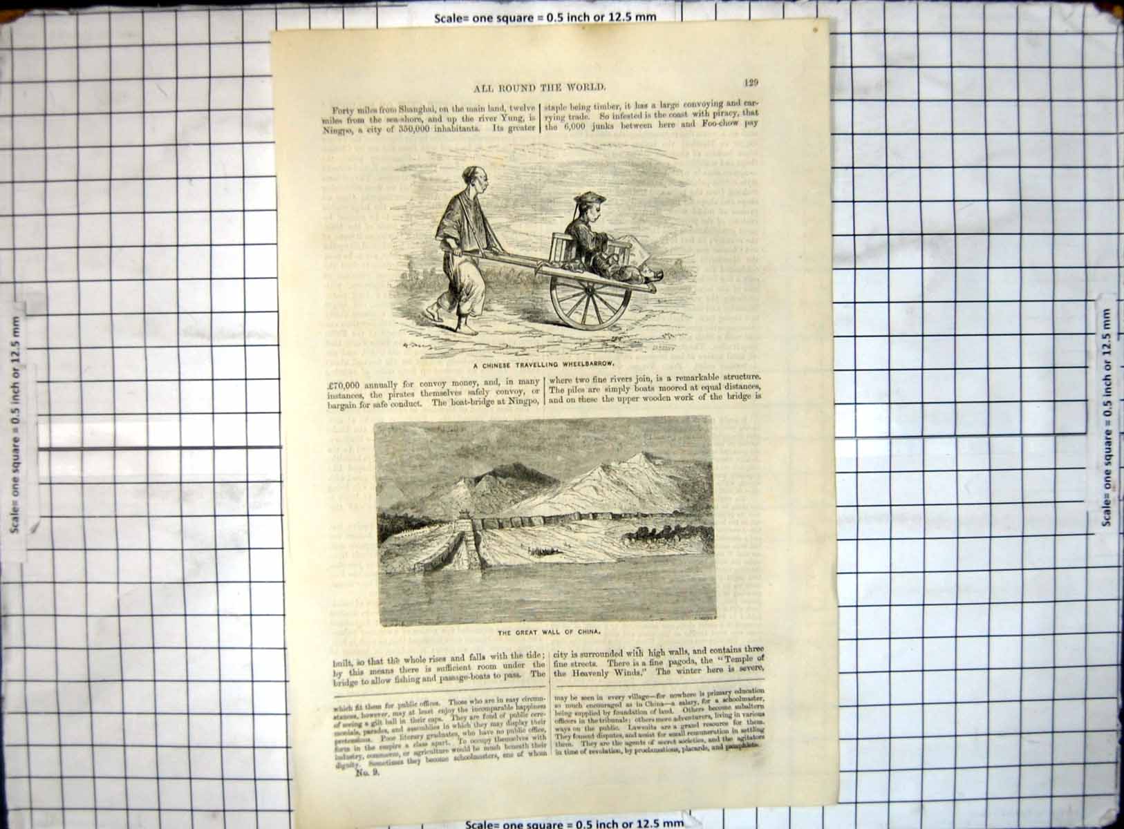 Old Print All Round World Chinese Travelling Wheelbarrow Great Wall China 19th