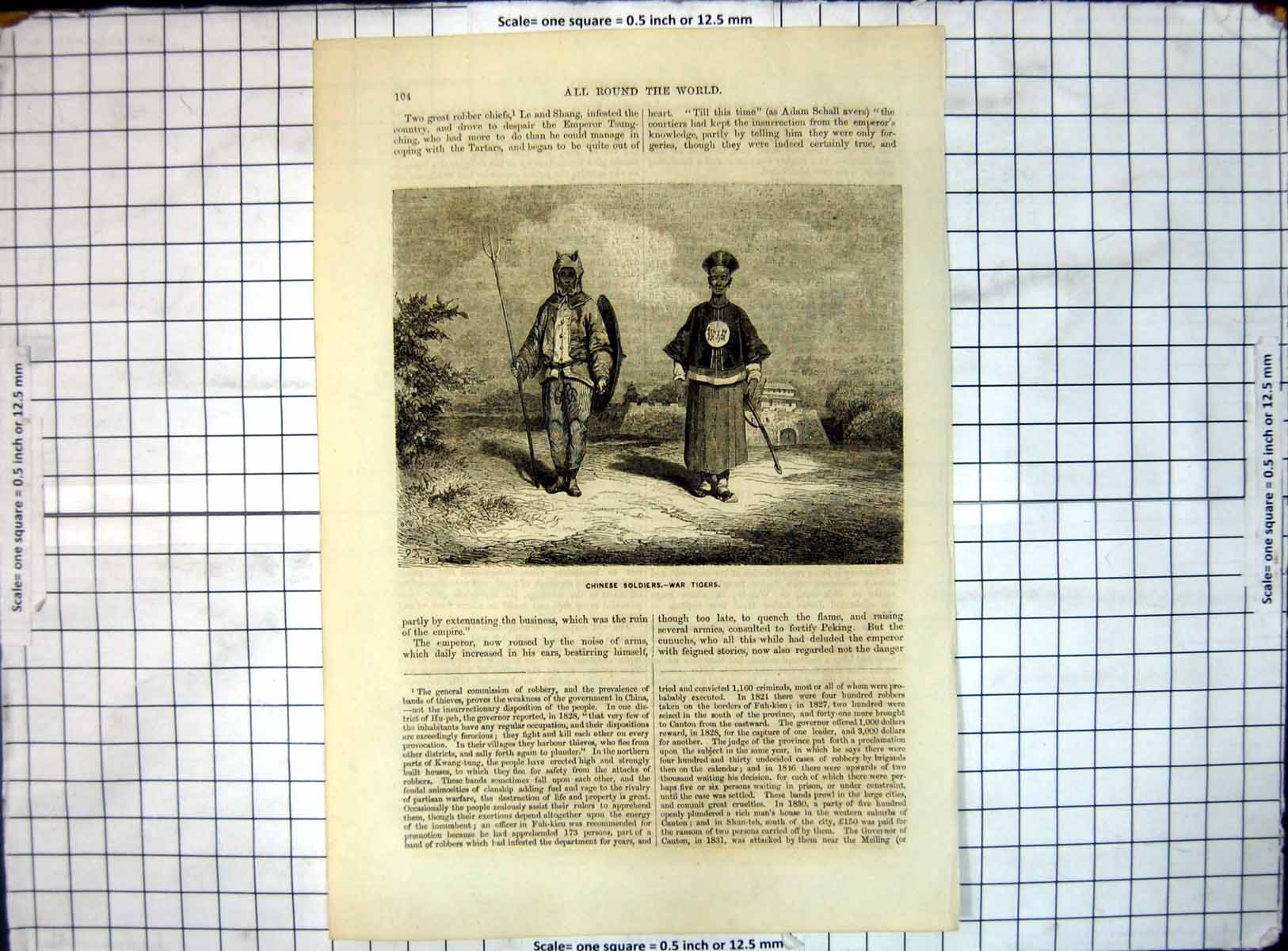 Original Old Antique Print All Round World Chinese Siers War Tigers 20th