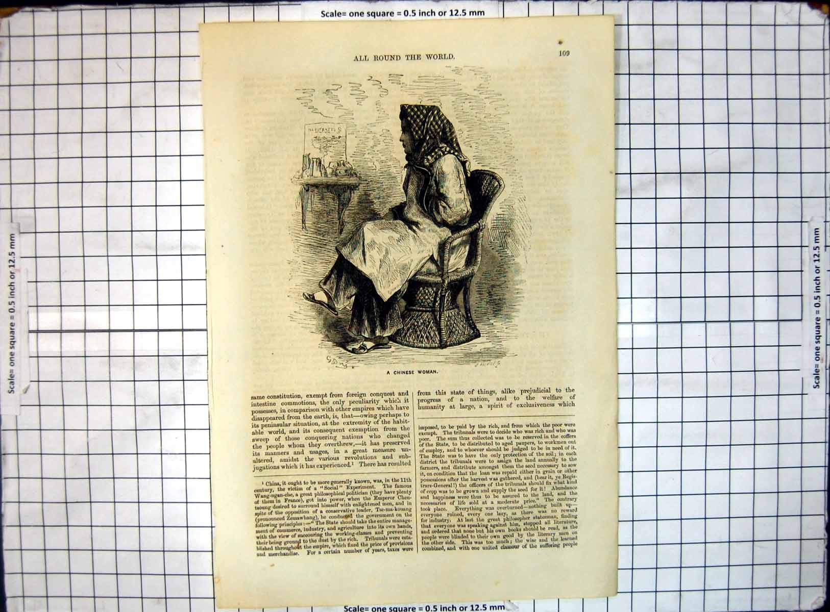 Original Old Antique Print All Rpond World Chinese Woman Chair 20th Century
