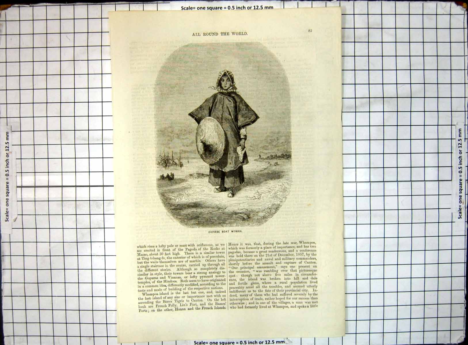 Original Old Antique Print All Round World Chinese Boat Woman 20th Century