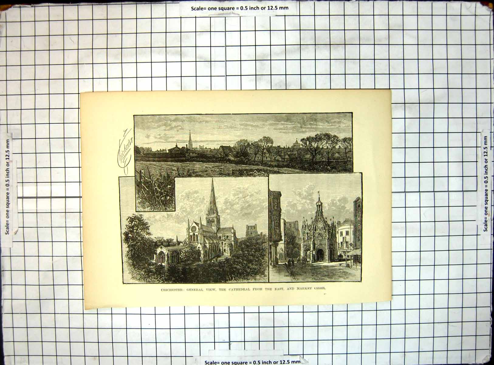 Original Old Antique Print Chichester General View Cathedral East Market Cross