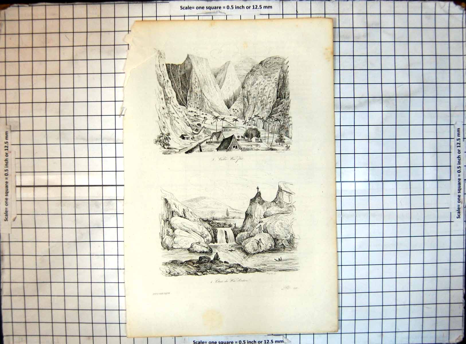 Original Old Antique Print Vallee Wai Chute Du Wai-Roukouf Pittoresque 20th