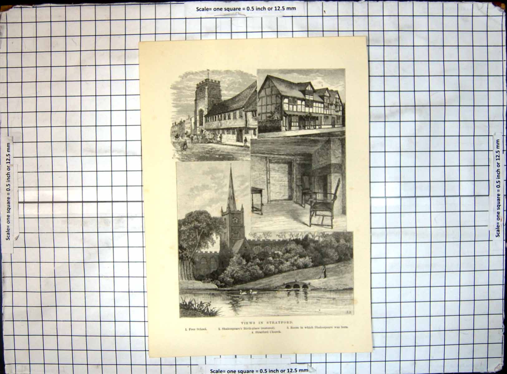 Old Print Stratford Free School Shakespeares Birthplace Stratford Church 20th