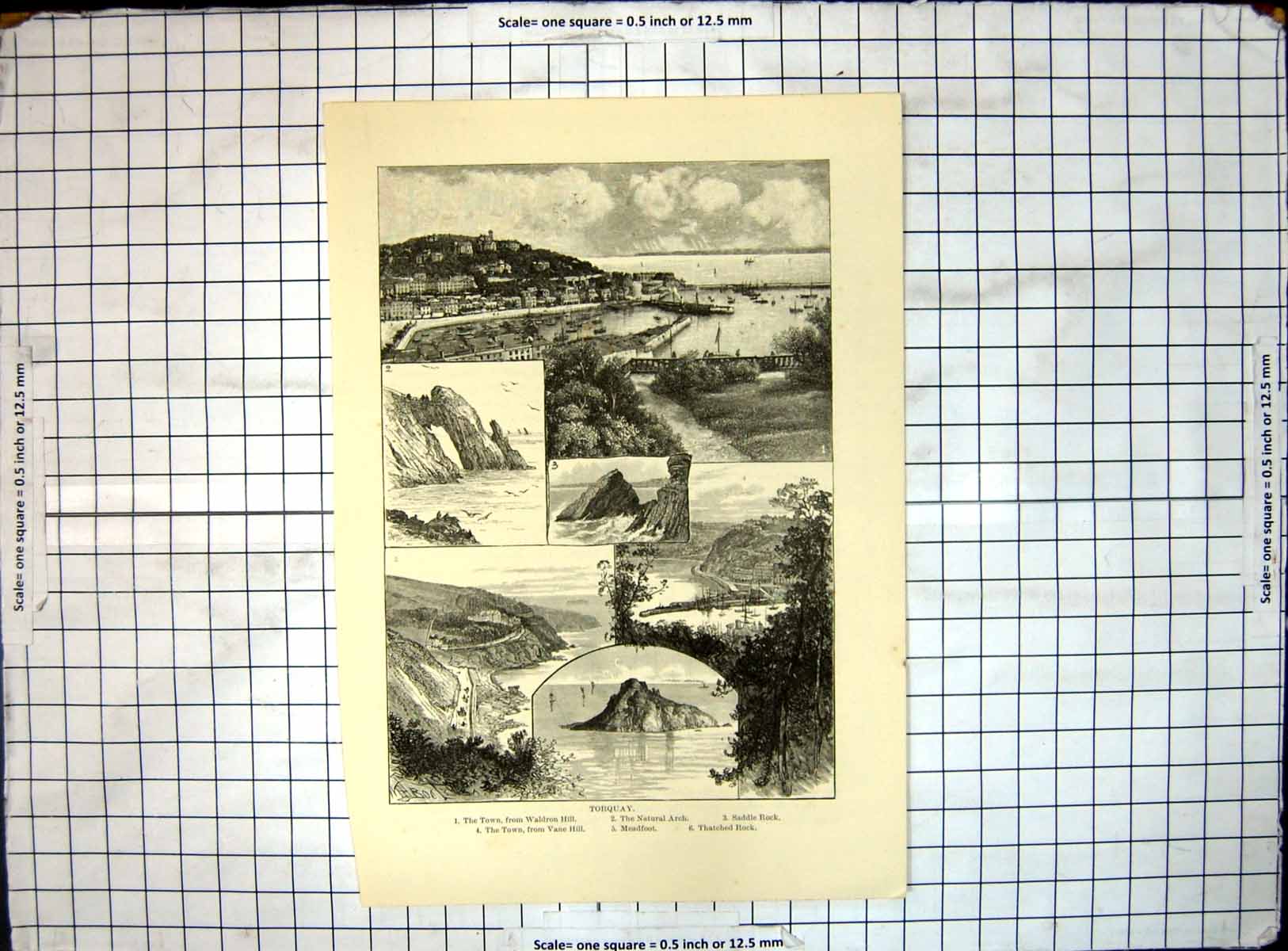 Antique Old Print Torquay Town Waldron Hill Natural Arch Saddle Rock Meadfoot