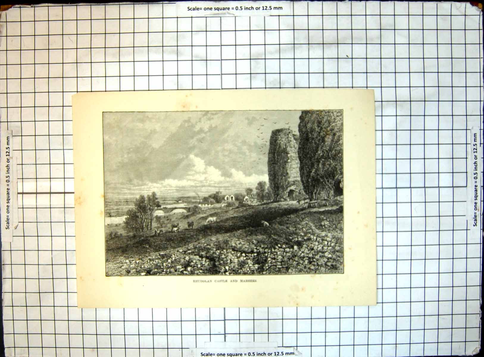Original Old Antique Print Rhuddlan Castle Marshes Town River Bridge