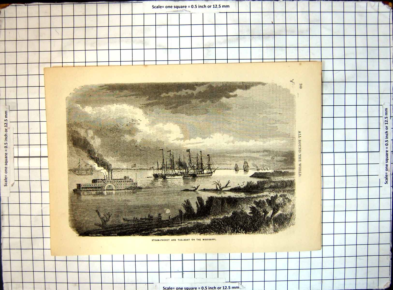 Original Old Antique Print All Round World Steam Packet Tug Boat Mississippi