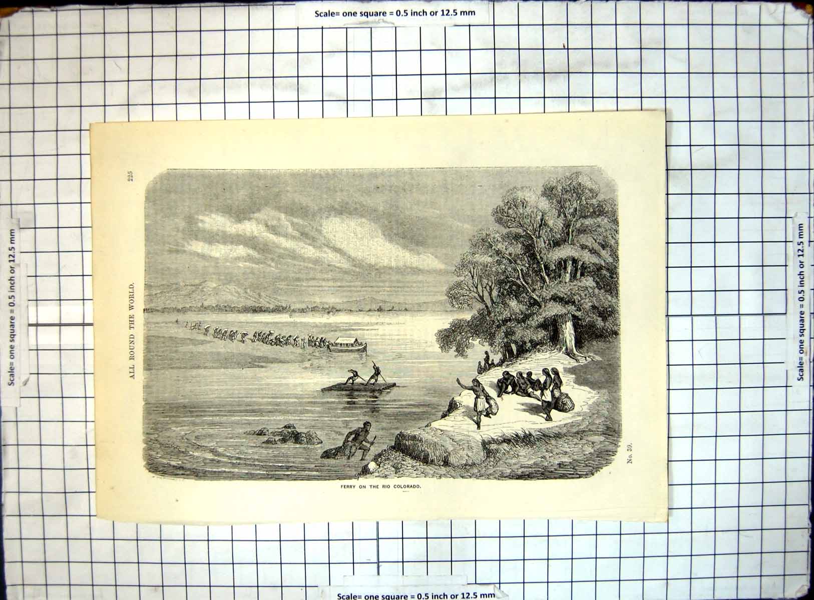 Original Old Antique Print All Round World Ferry Rio Colorado Natives Raft