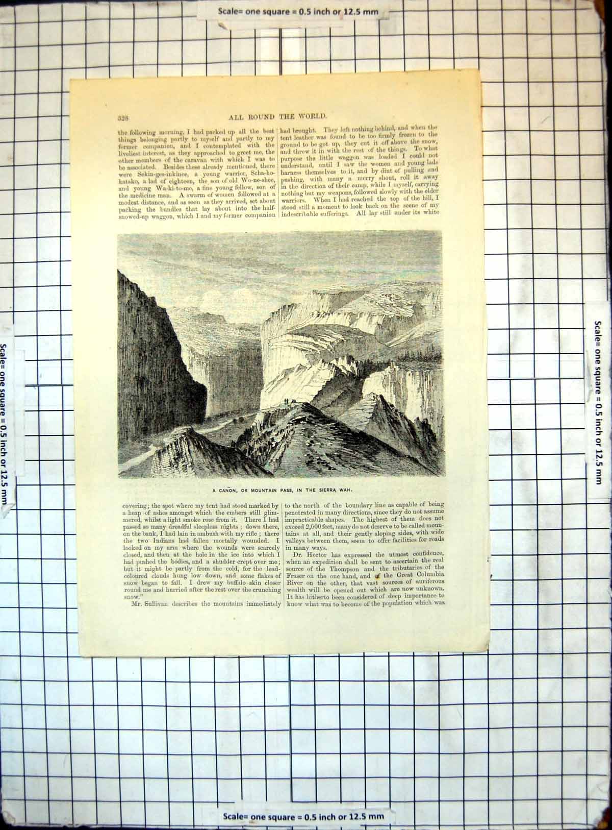 Original Old Antique Print All Round World Canon Mountain Pass Sierra Wah