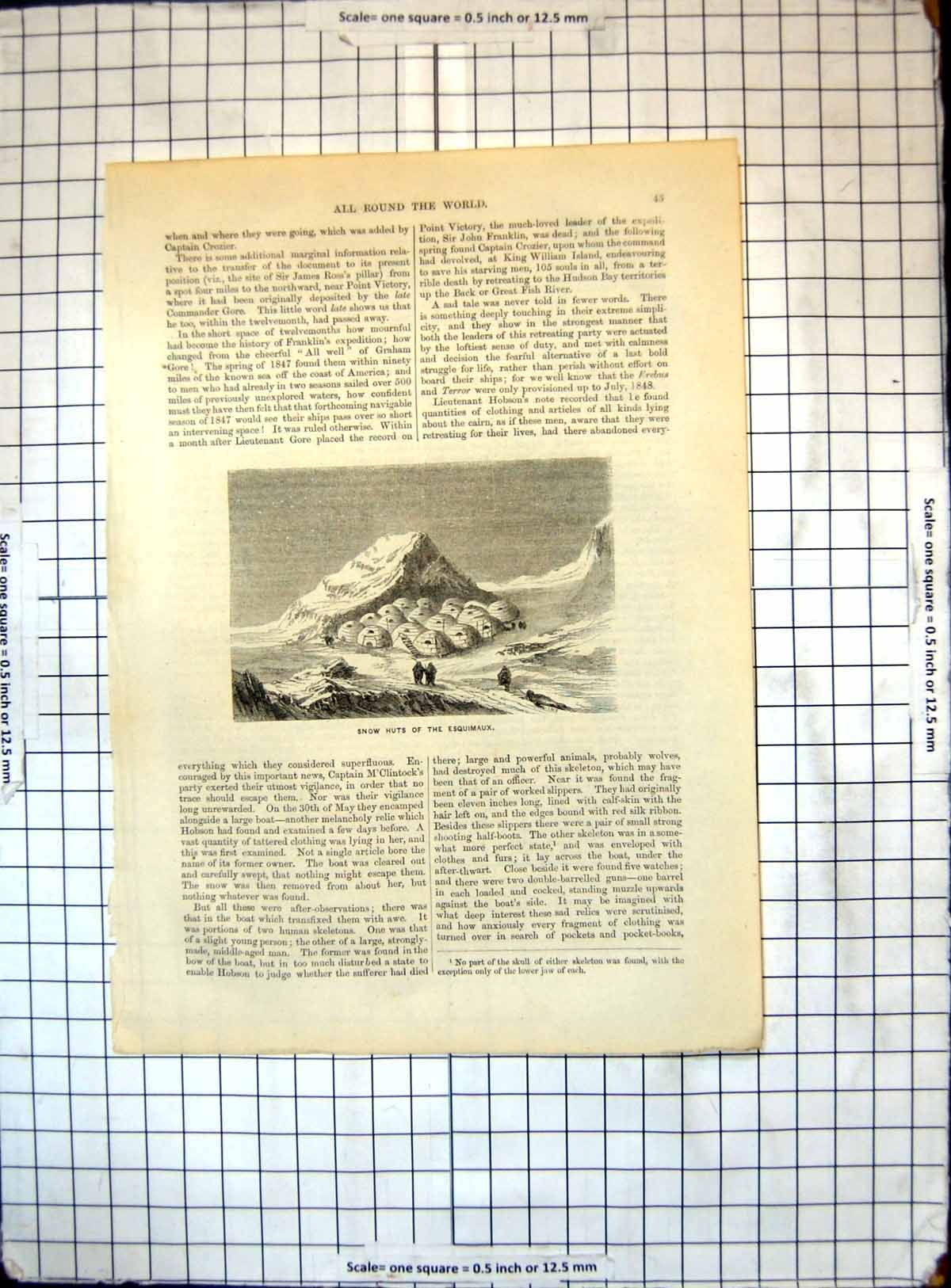 Original Old Antique Print All Round World Snow Huts Esquimaux