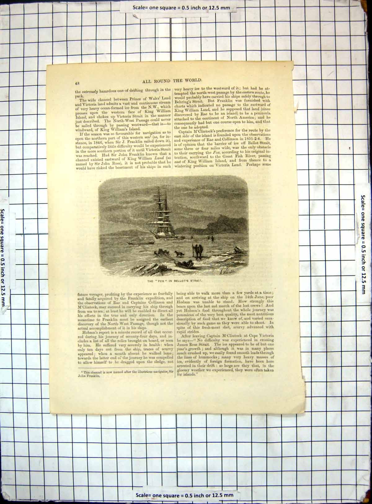 Original Old Antique Print All Round World Fox Bellots Strait Ship Dogs Sleigh