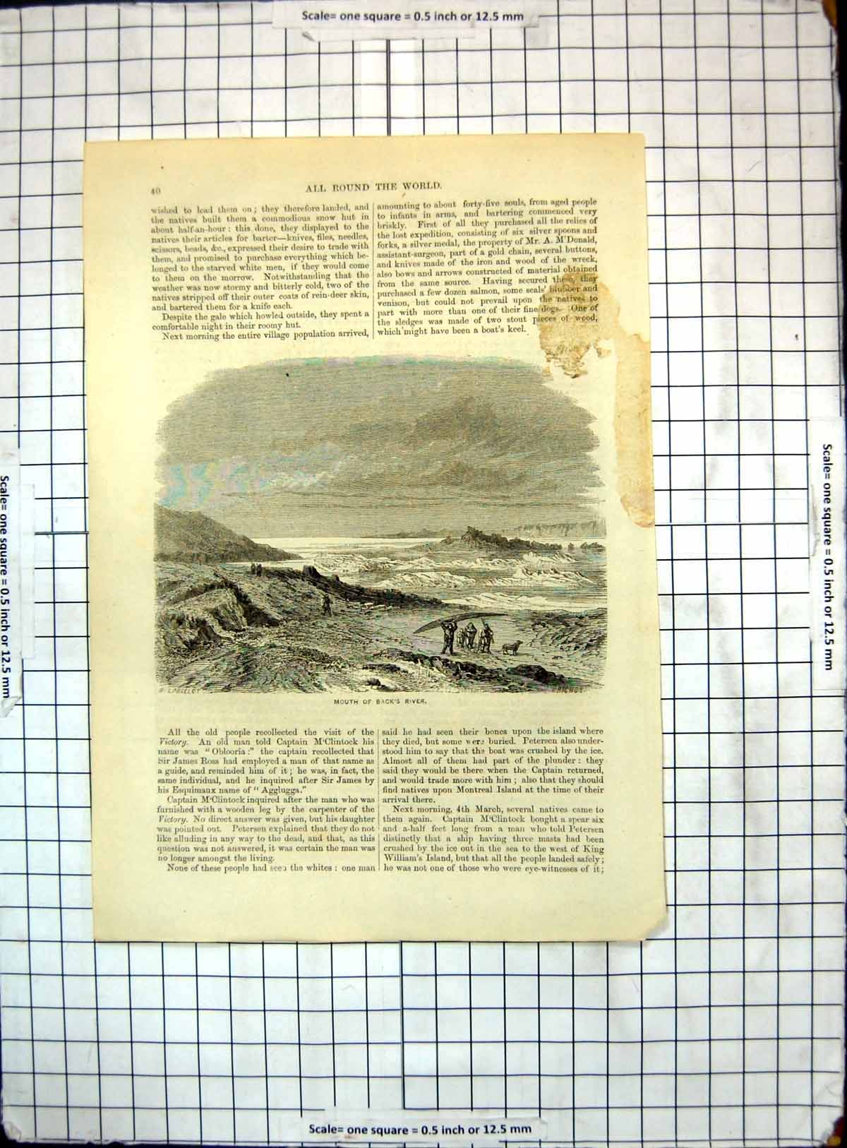Original Old Antique Print All Round World Mouth Backs River Men Canoe