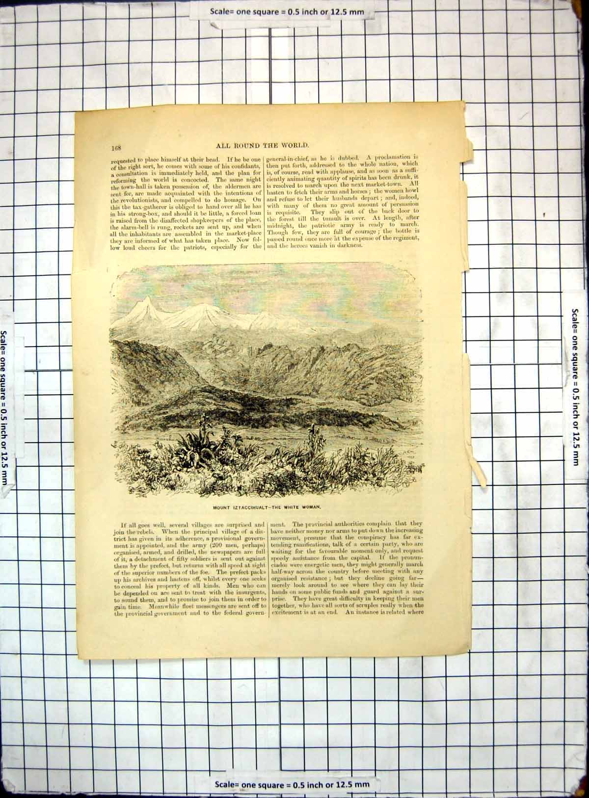 Original Old Antique Print All Round World Mount Iztaccihualt White Woman