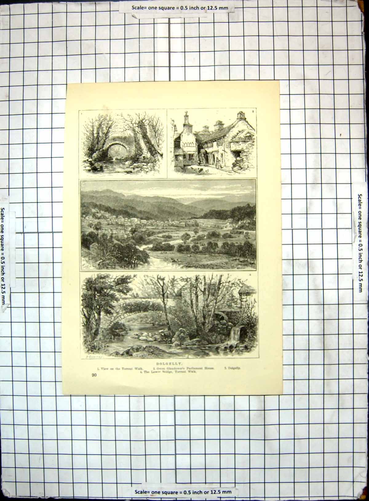 Antique Print Dolgelly Torrent Walk Owen Glendowers Parliament House Bridge
