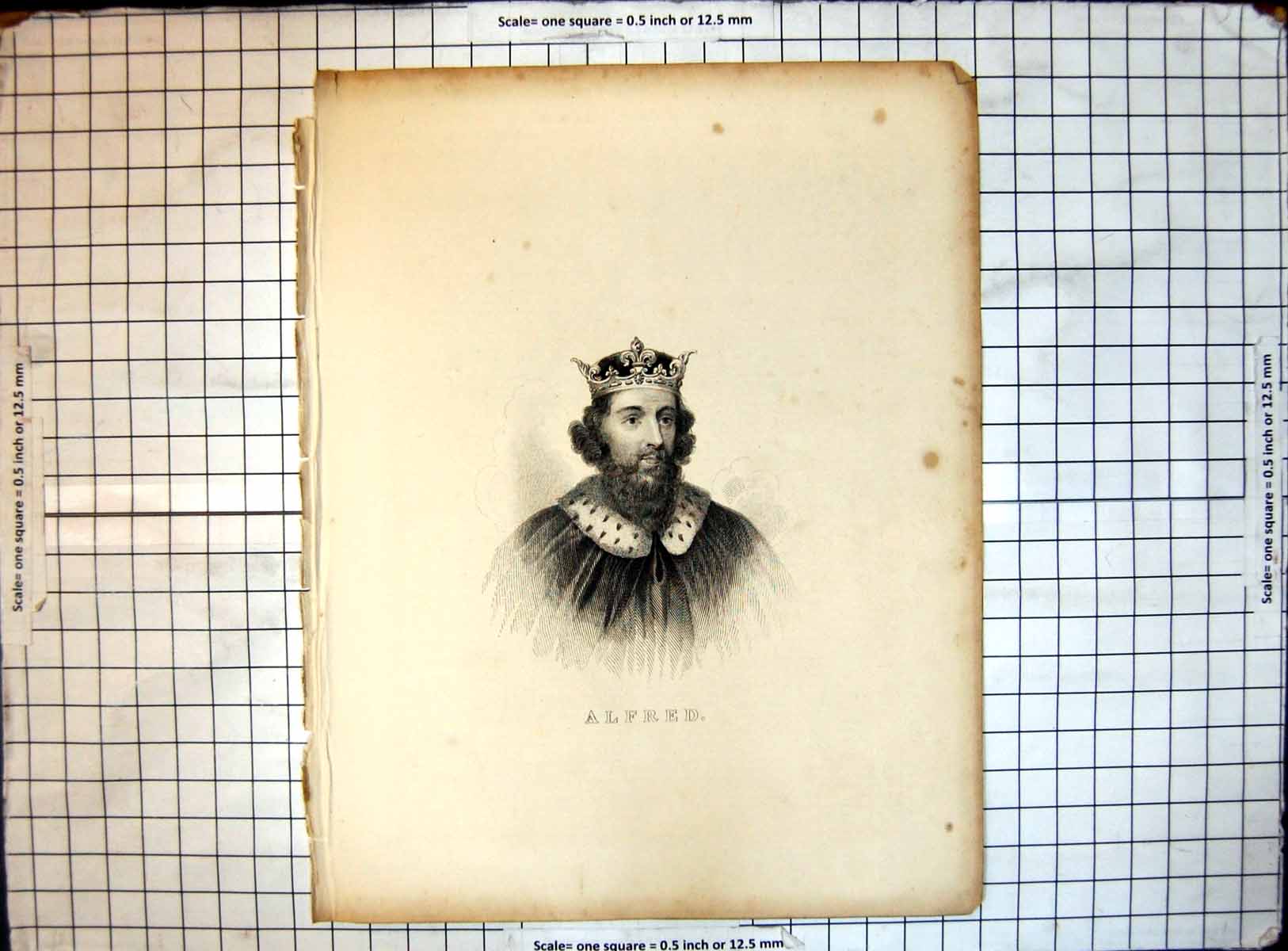 Original Old Antique Print Portrait King Alfred Wearing Crown Robes Beard