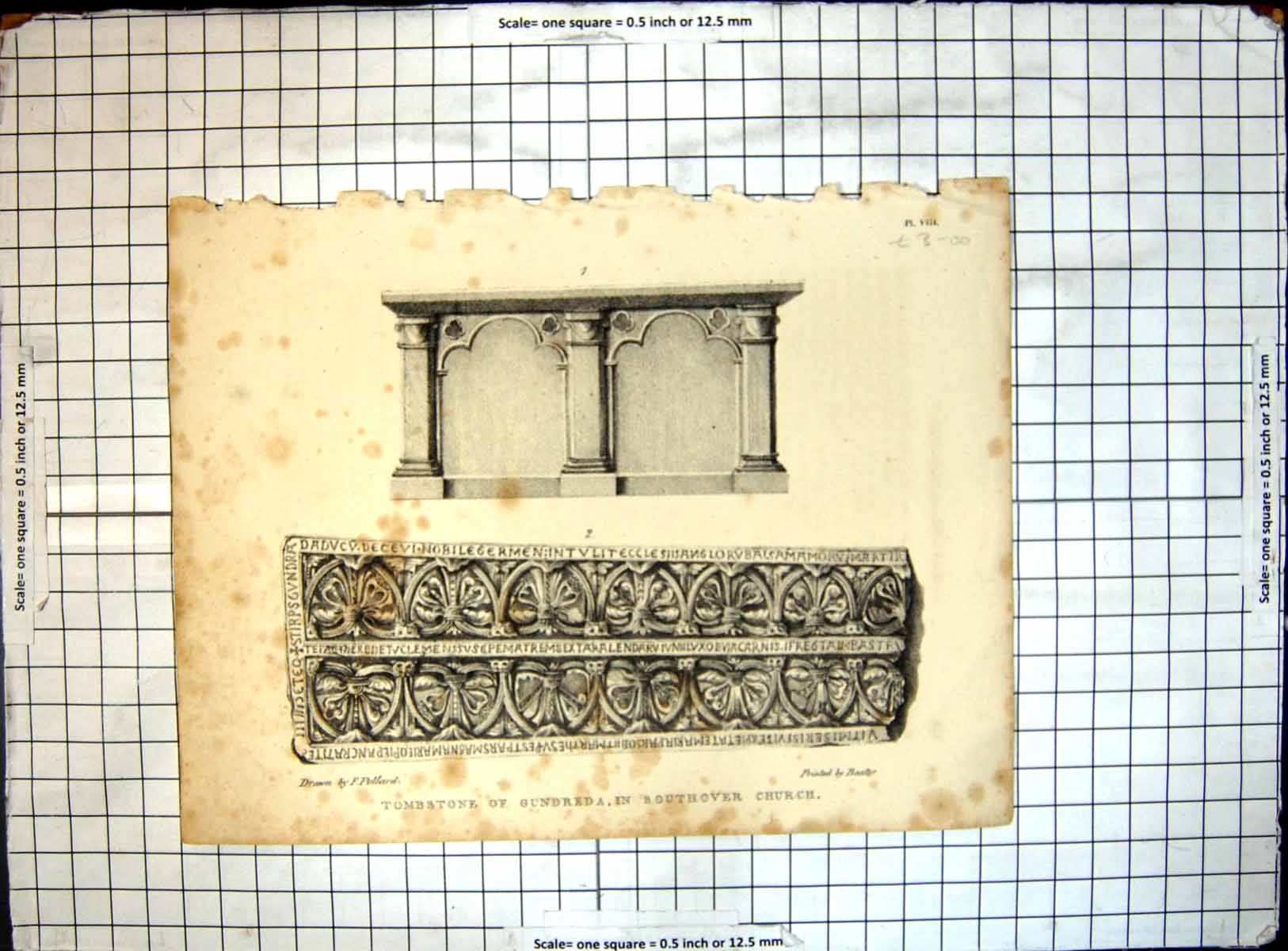 Original Old Antique Print Tombstone Gundreda In Southover Church F Pollard