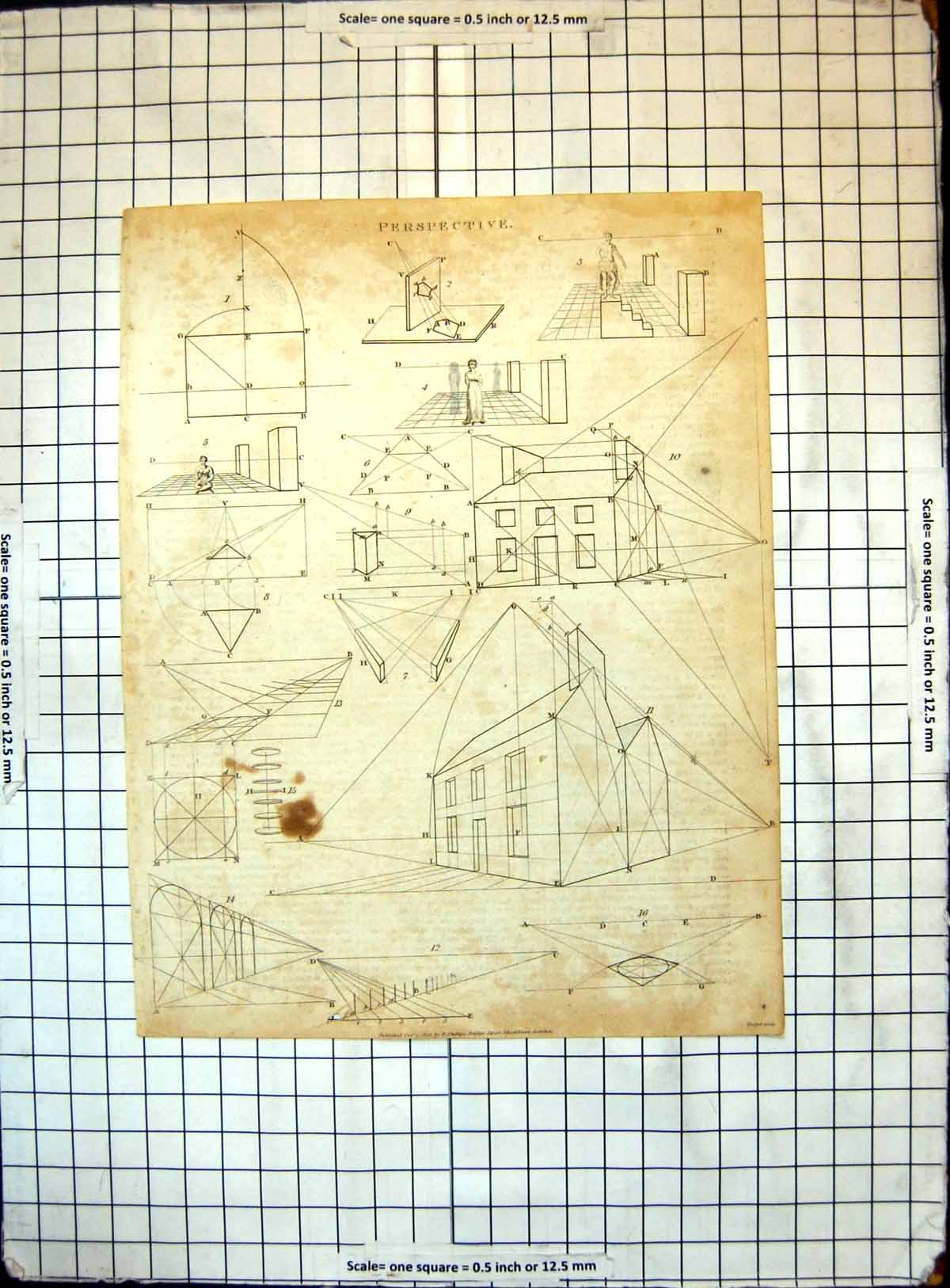 Original Old Antique Print Perspective Diagrams Angles Shapes 1806 19th Century