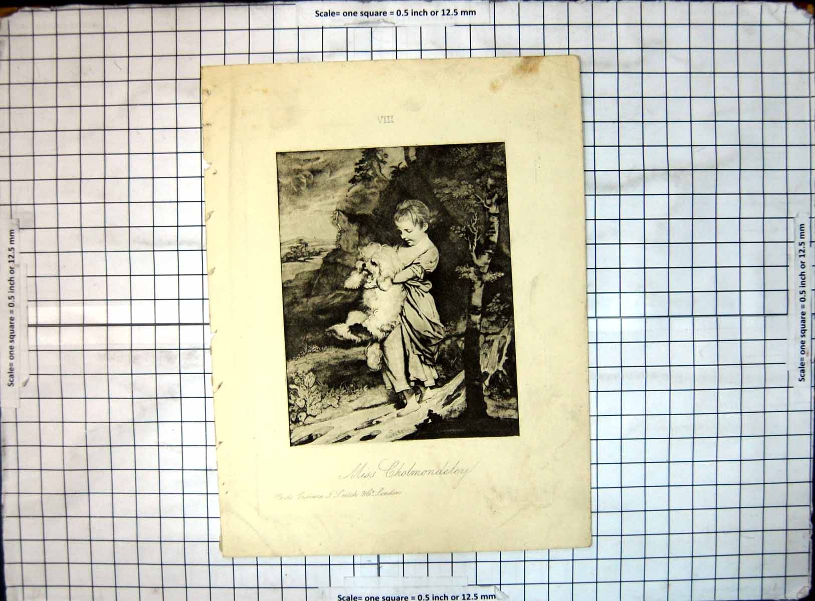 Original Old Antique Print Miss Cholmondeley Girl Hing Dog