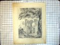 Original Old Antique Print Sketch Ruins Building Cathedral Church Trees