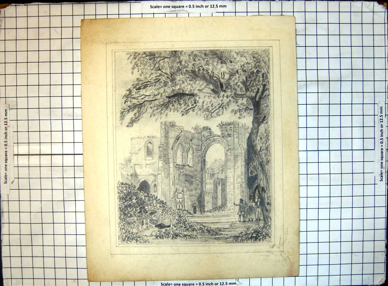 Original Old Antique Print Sketch Ruins Building Cathedral Church Trees