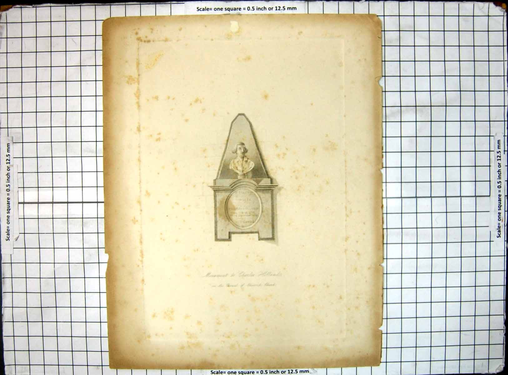 Original Old Antique Print Monument Charles Hollande Chancel Chiswick Church