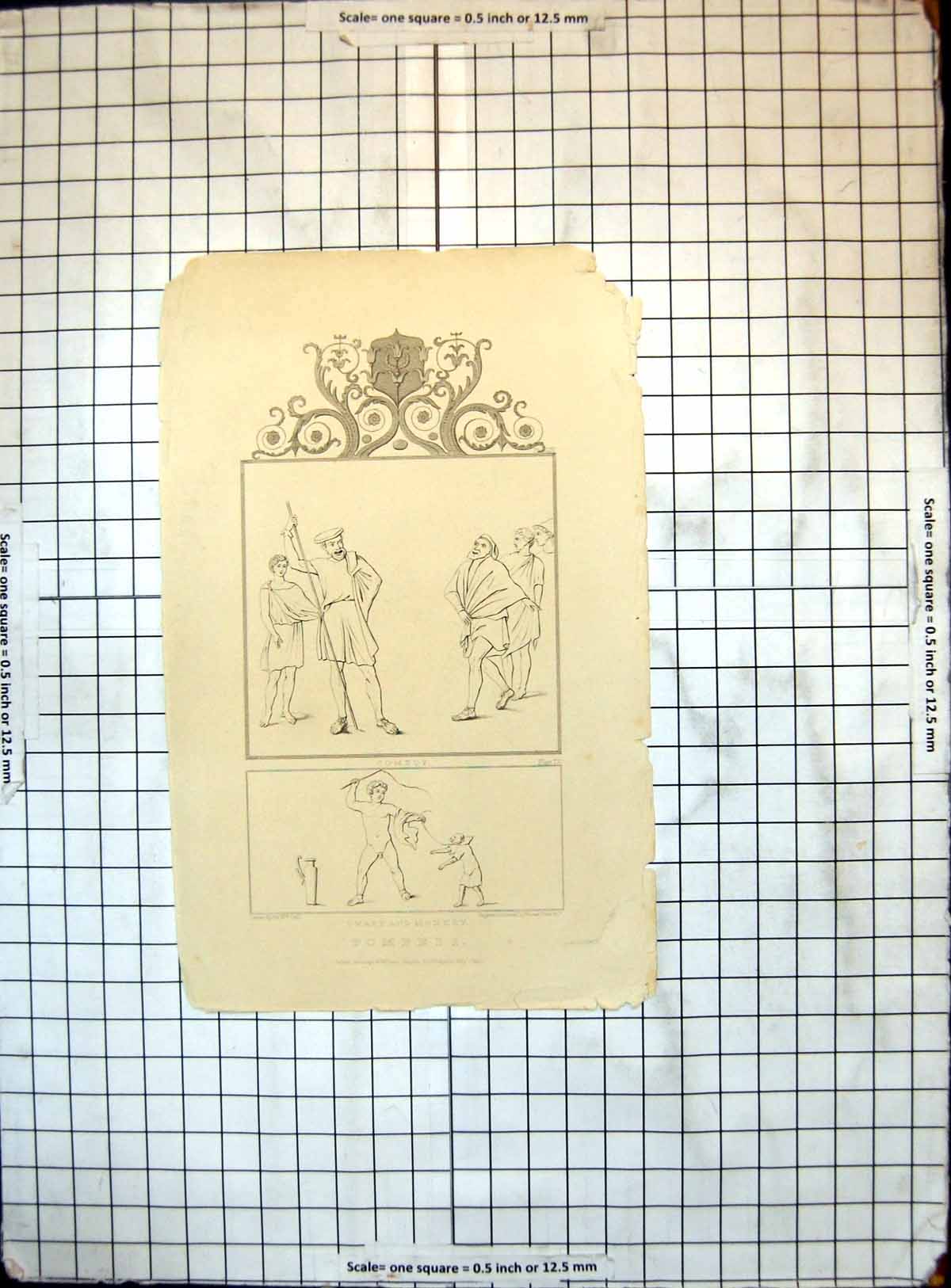 Original Old Antique Print Pompeii Comedy Dwarf Monkey Sir Wm Gell