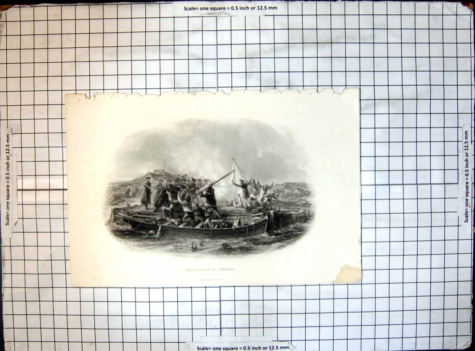 Original Old Antique Print Massacre Hango Siers Sailors Fighting Boat Harbour