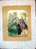 Original Old Antique Print Colour Three Young Ladies Garden Pretty Dresses