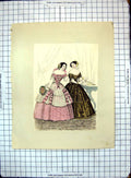 Original Old Antique Print Colour Picture Two Ladies Pretty Gowns